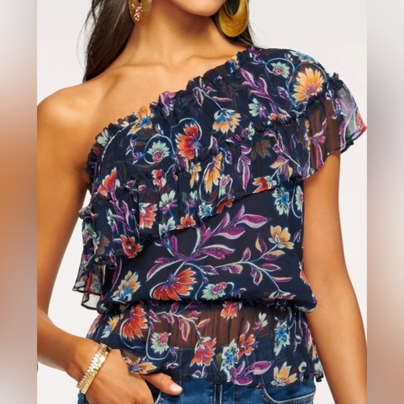 Ramy Brook Tops - Ramy Brook Floral Printed Aurora Navy Jardin Blue One Shoulder Top EUC Small